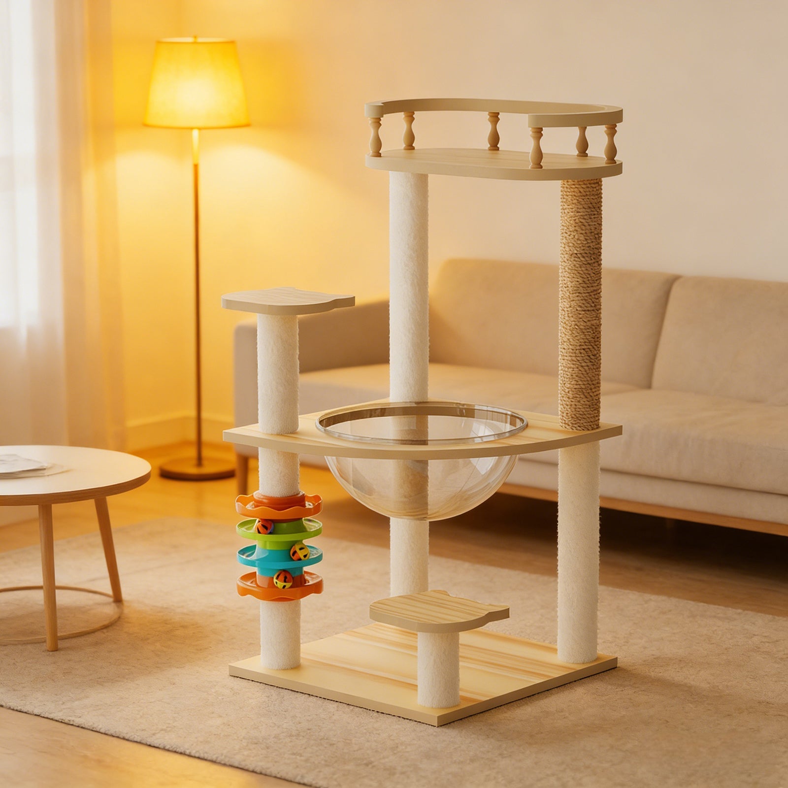 32.2-inch Modern Cat Tower for Indoor Cats by HouseOfZazla with beige platforms, white sisal posts, clear bowl on Tampa Home & Garden Store