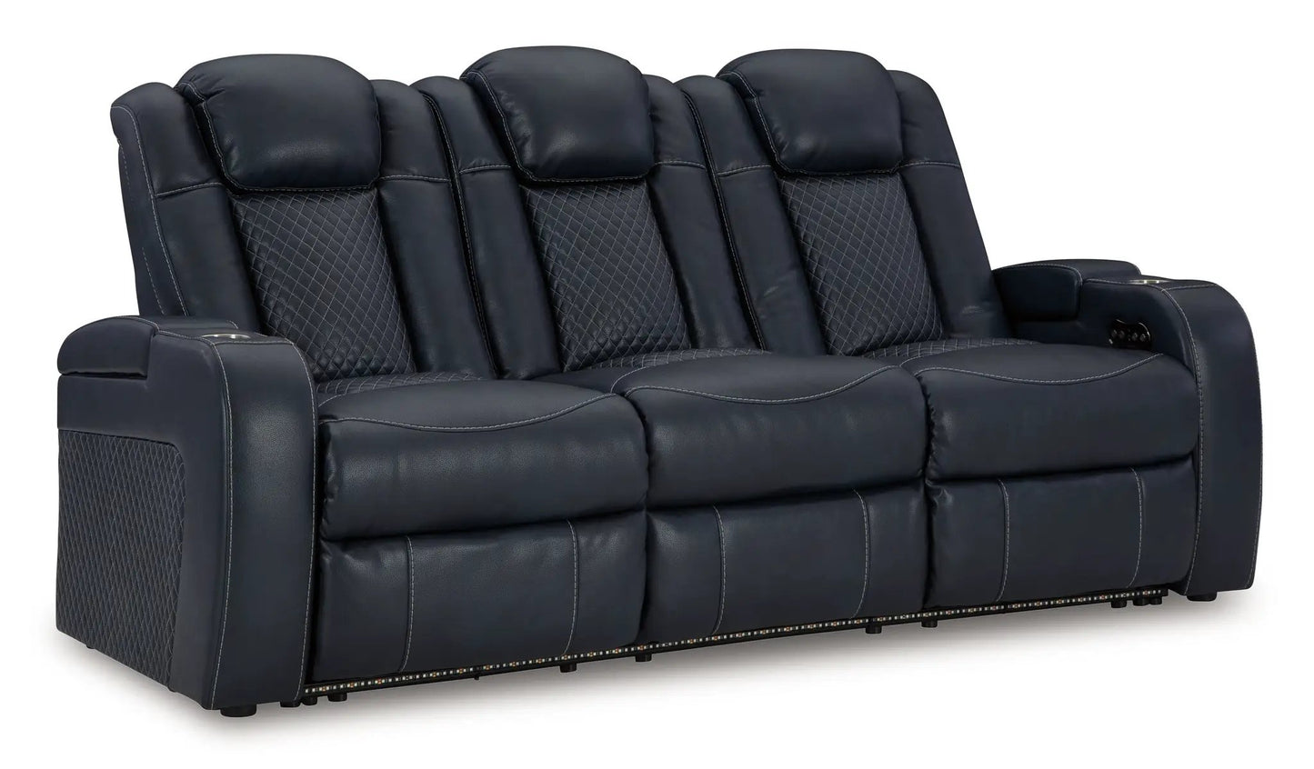 Fyne-dyme power reclining sofa with adjustable headrests, navy leather, 4-seat, diamond quilting on Tampa Home & Garden Store