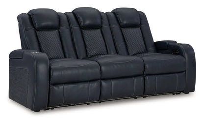 Fyne-dyme power reclining sofa with adjustable headrests, navy leather, 4-seat, diamond quilting on Tampa Home & Garden Store
