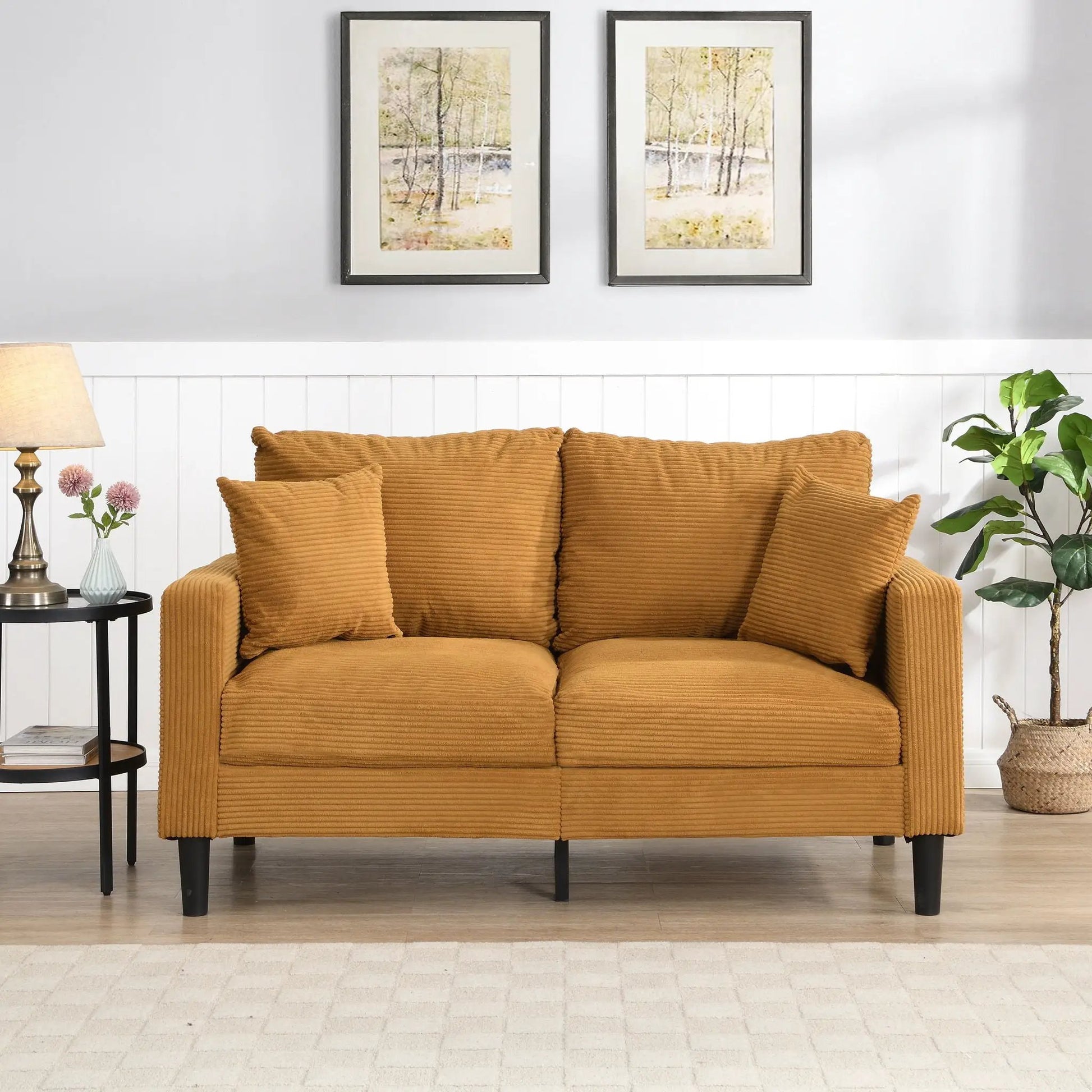 Modern Upholstered Loveseat Sofa in warm tan corduroy with black legs living room setting on Tampa Home & Garden Store