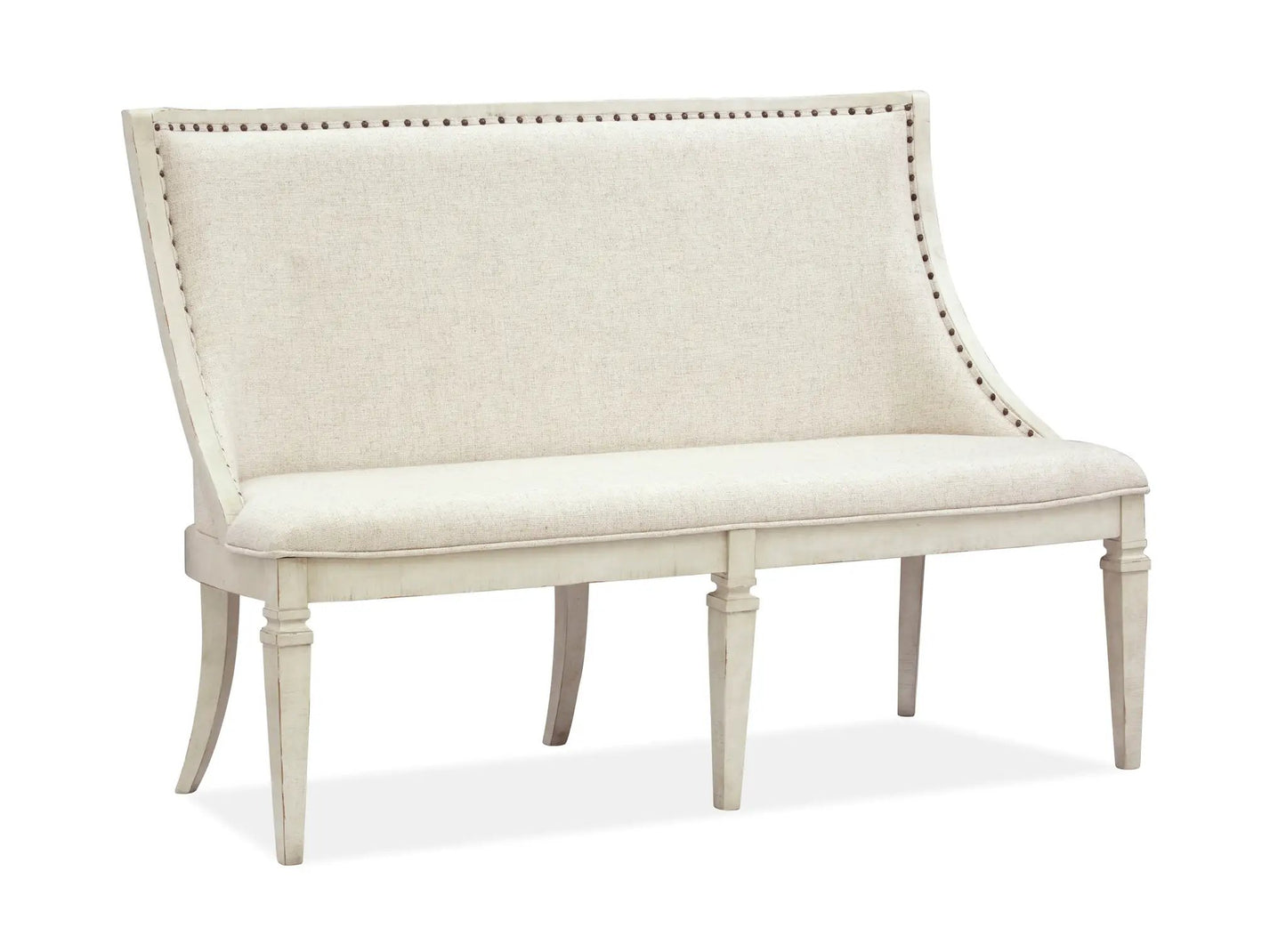 Newport bench upholstered in alabaster linen with nailhead trim on Tampa Home & Garden Store