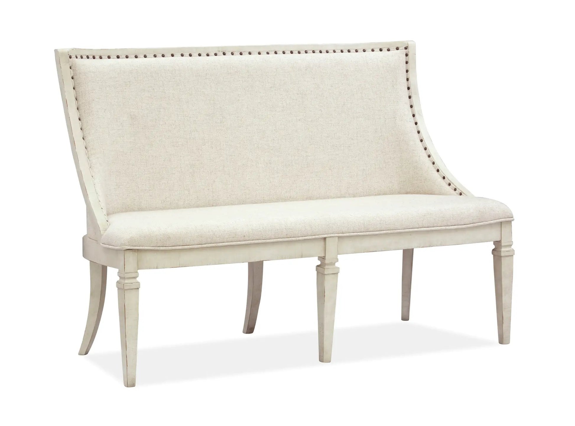 Newport bench upholstered in alabaster linen with nailhead trim on Tampa Home & Garden Store