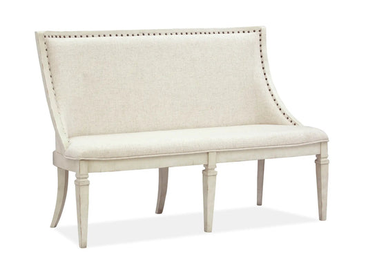Newport bench upholstered in alabaster linen with nailhead trim on Tampa Home & Garden Store