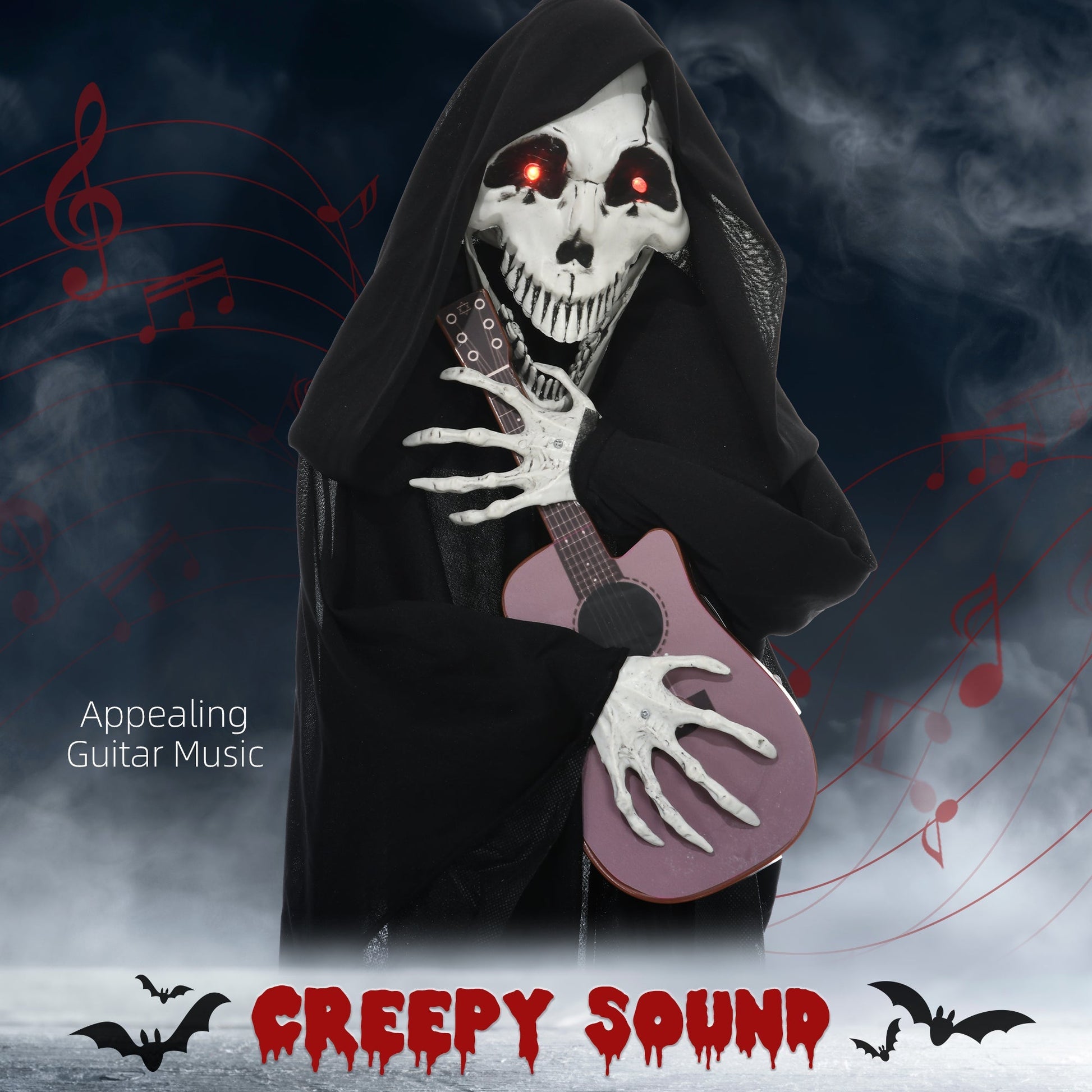 Animated Grim Reaper guitarist skeleton in black cloak with eyes and HouseOfZazla guitar on Tampa Home & Garden Store