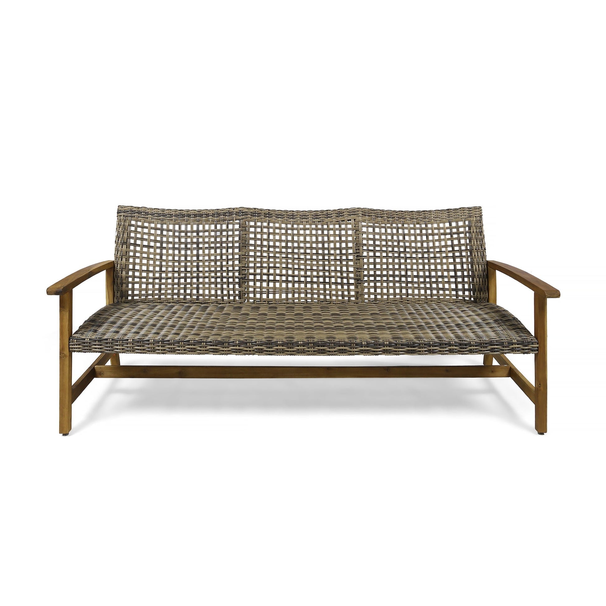 Outdoor 3 Seater Sofa with gray rattan cover and wooden arms HouseOfZazla on Tampa Home & Garden Store