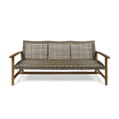 Outdoor 3 Seater Sofa with gray rattan cover and wooden arms HouseOfZazla on Tampa Home & Garden Store