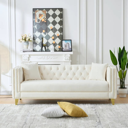 Deep seat sofa with button nailhead and square arms, white upholstery by Unique Piece Furniture on Tampa Home & Garden Store