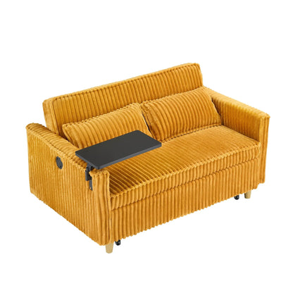 Pull Out Sofa with Movable Tabletop in orange corduroy, sleeper sofa with black table on Tampa Home & Garden Store