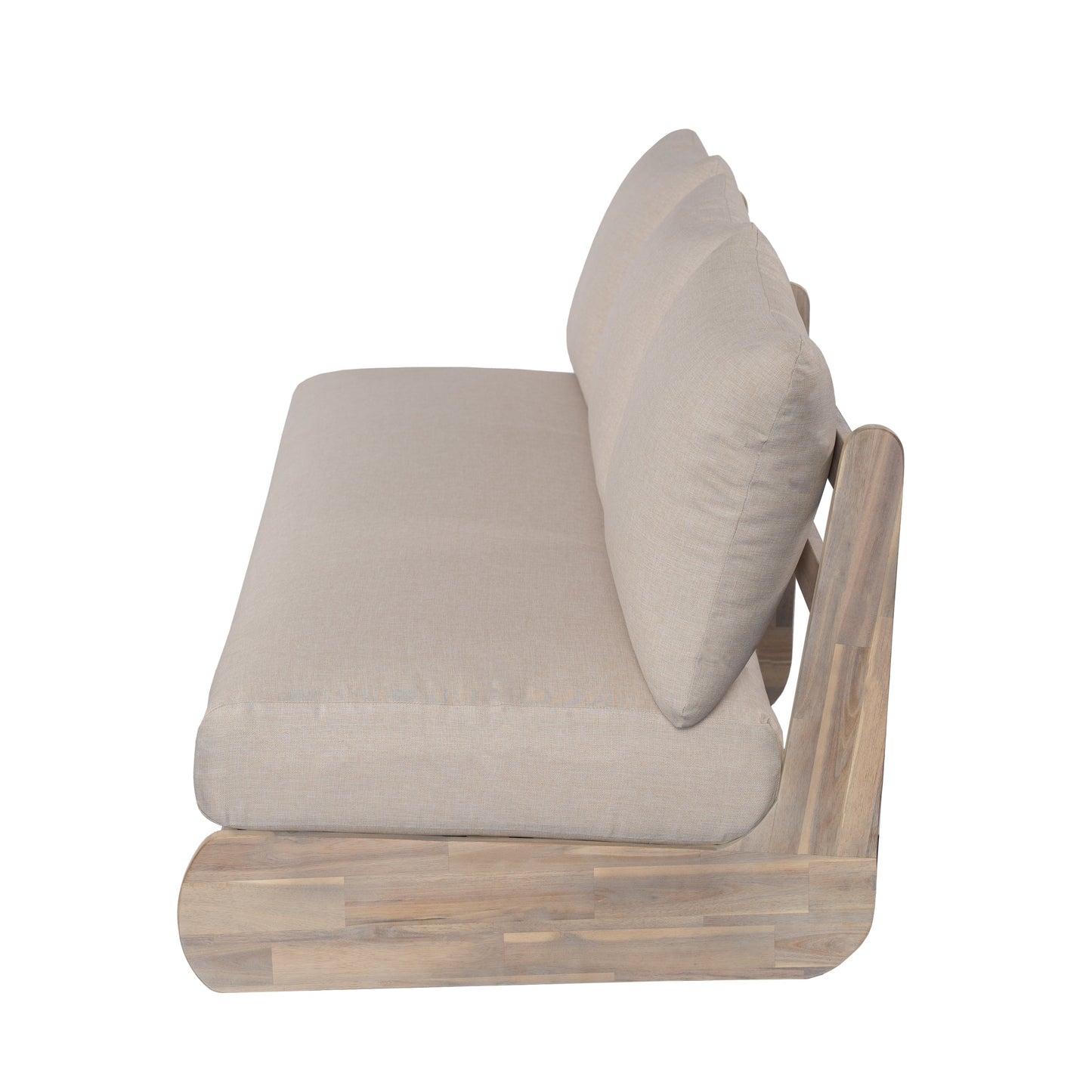 Outdoor Acacia Lazy 5 Seater Chat Set beige cushions on natural wood frame by HouseOfZazla on Tampa Home & Garden Store