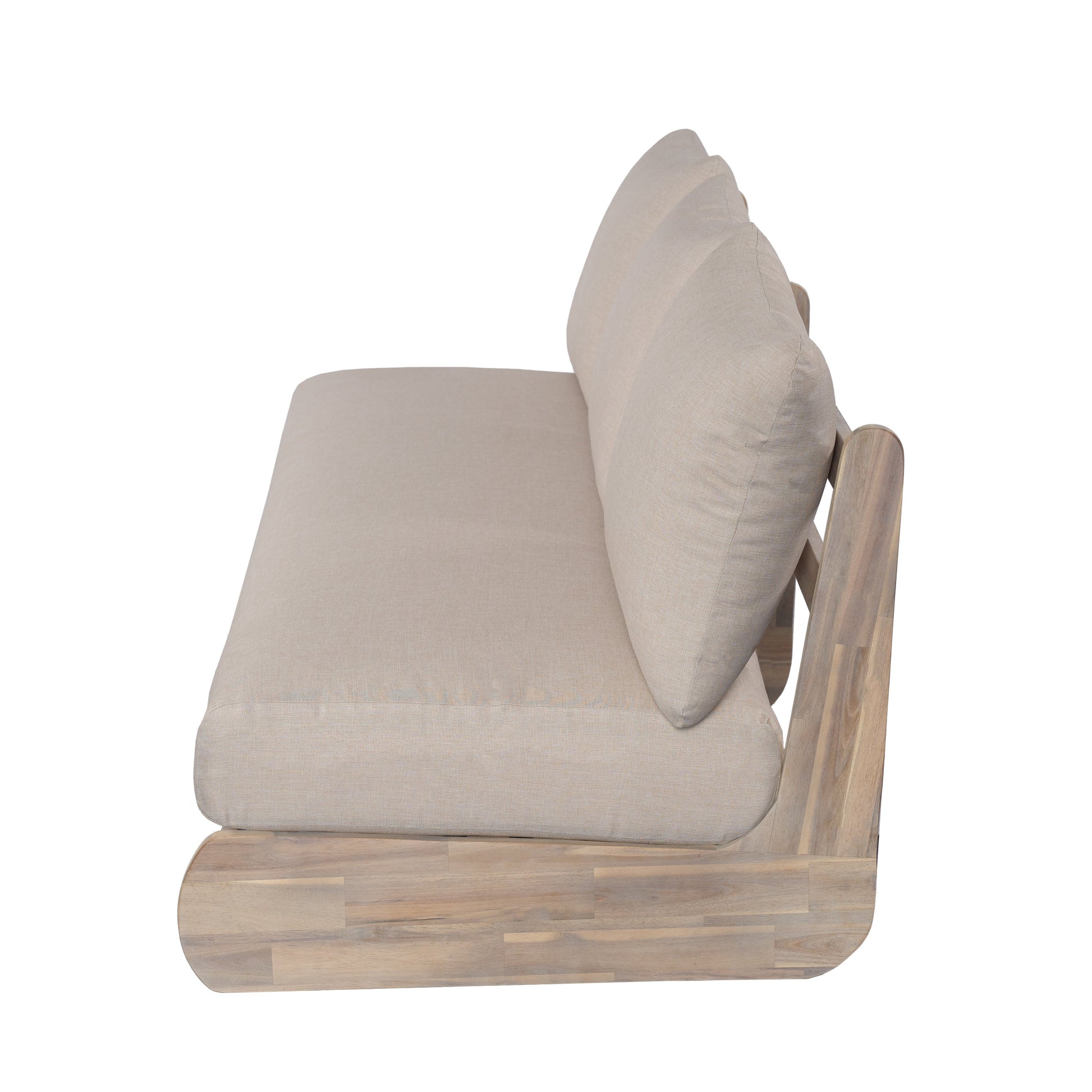 Outdoor Acacia Lazy 5 Seater Chat Set beige cushions on natural wood frame by HouseOfZazla on Tampa Home & Garden Store