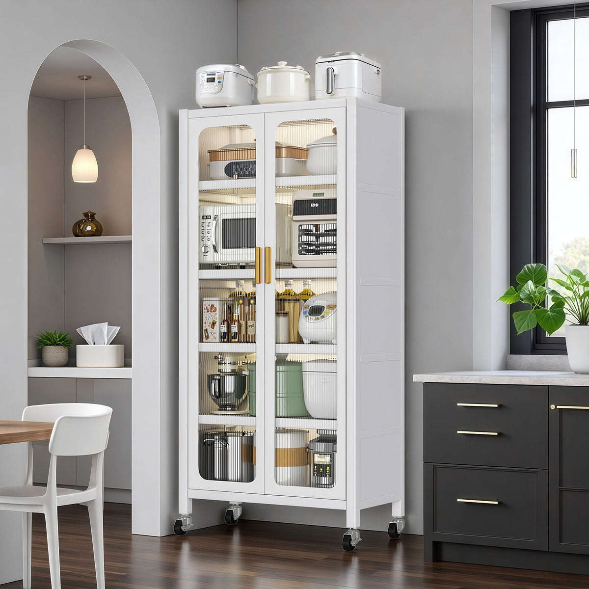 HouseOfZazla 6-tier display cabinet with glass doors, white finish, adjustable shelves, caster wheels on Tampa Home & Garden Store