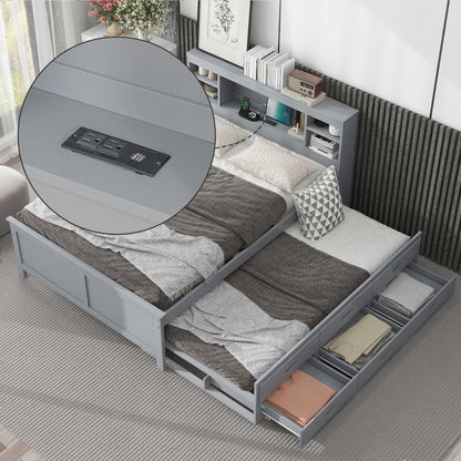 Platform bed with storage headboard, USB charging, trundle and 3 drawers in grey finish on Tampa Home & Garden Store