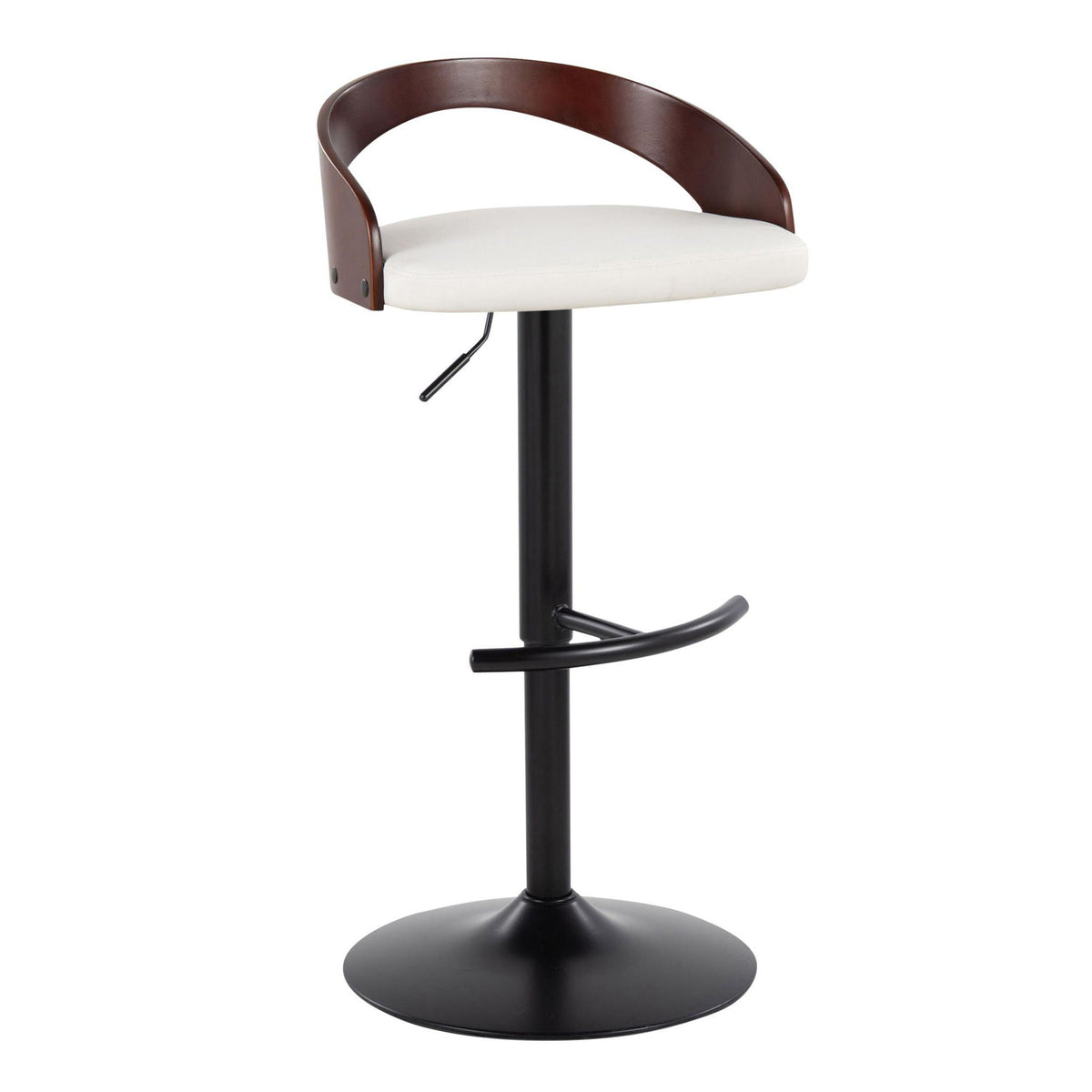 Contemporary adjustable barstool with curved wood back, white cushion, and black pedestal base on Tampa Home & Garden Store