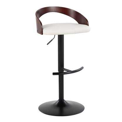 Contemporary adjustable barstool with curved wood back, white cushion, and black pedestal base on Tampa Home & Garden Store