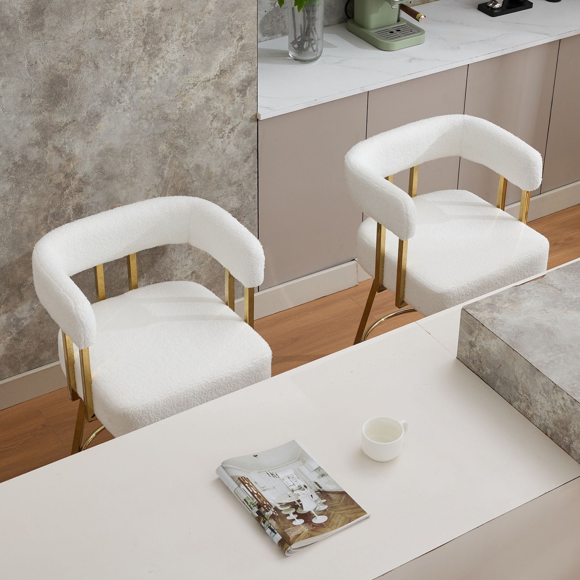 Decorative upholstered side chair set of 2, white boucle with gold legs by HouseOfZazla on Tampa Home & Garden Store