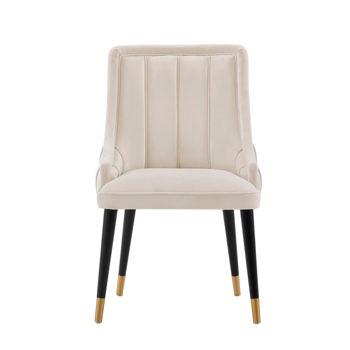 Eda dining chair with stitched beige upholstery, black legs with gold tips on Tampa Home & Garden Store
