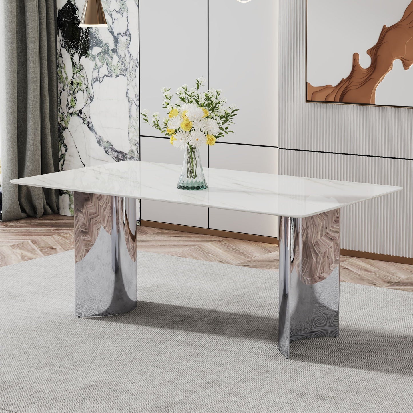Modern minimalist dining table with imitation marble glass top and metal legs by HouseOfZazla on Tampa Home & Garden Store