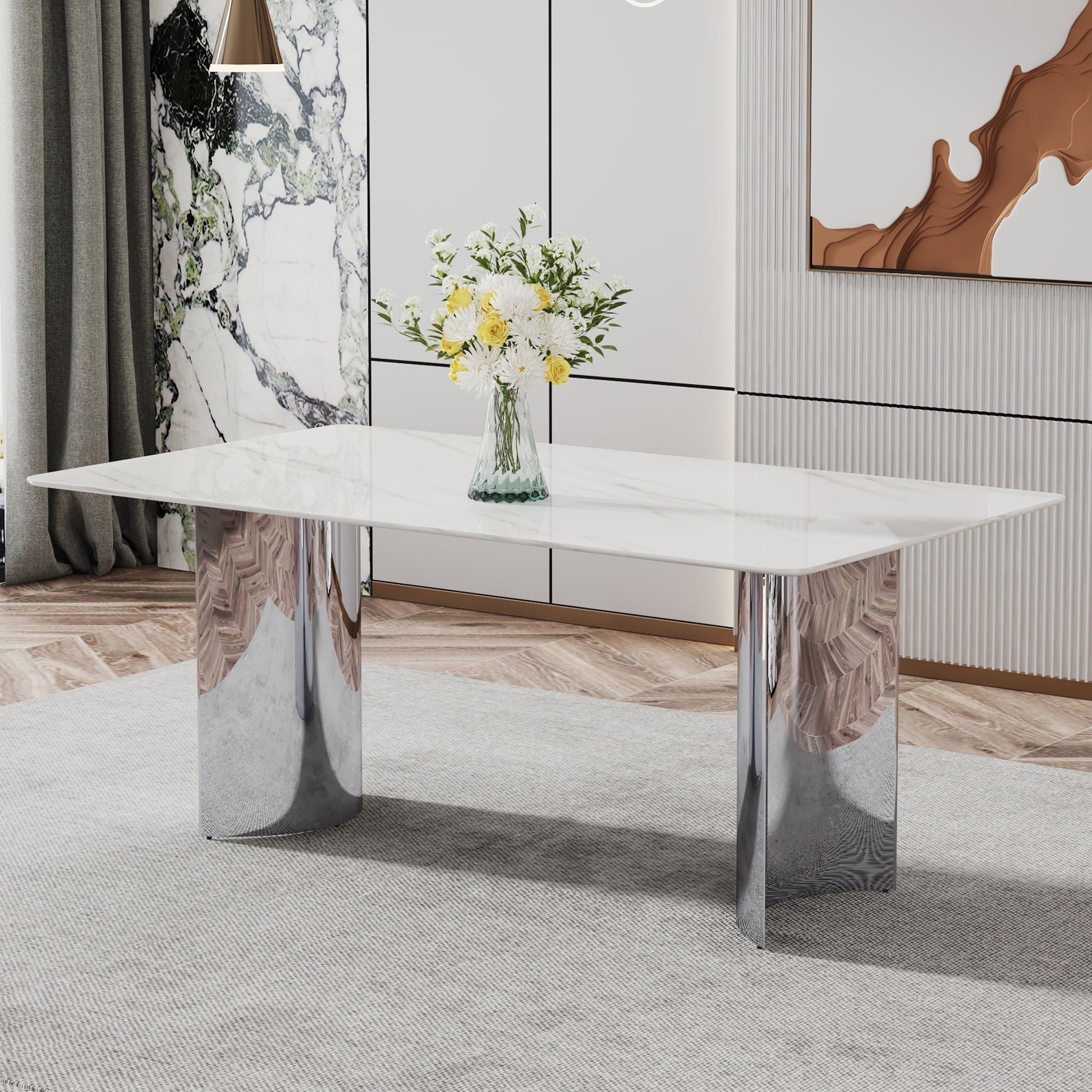 Modern Minimalist Marble Glass Dining Table by HouseOfZazla, white top, chrome pedestal legs on Tampa Home & Garden Store