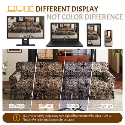 Comfortable Cloud Sofa with rolled arms and skirt in brown damask upholstery by HouseOfZazla on Tampa Home & Garden Store
