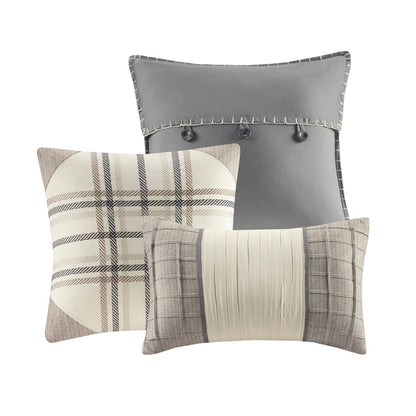 7 Piece Herringbone Comforter Set Neutral Queen with 3 pillows in beige and gray plaids on Tampa Home & Garden Store
