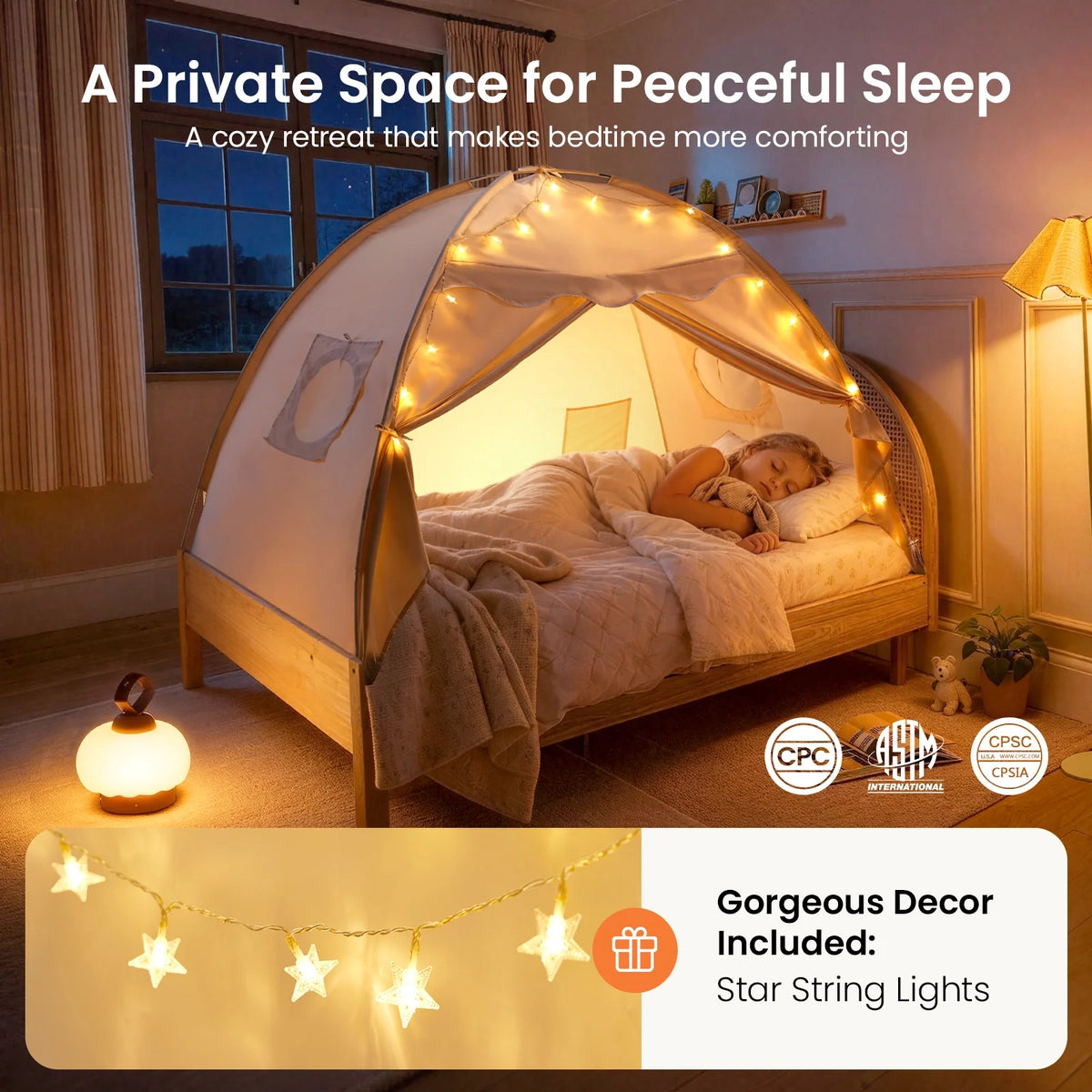 Tiny Land Bed Tent & Play Tent over a bed with warm string lights and a sleeping child on Tampa Home & Garden Store