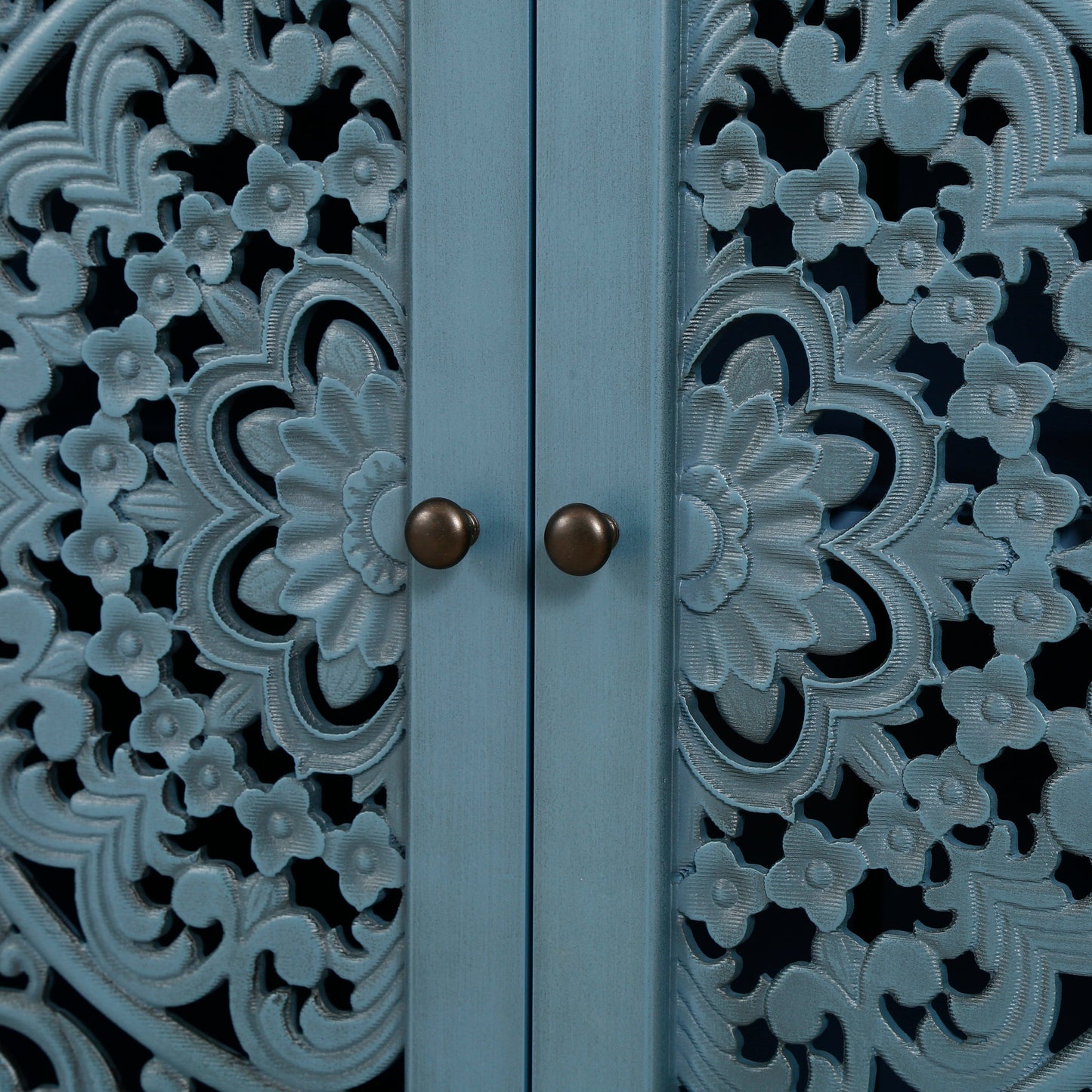 Buffet cabinet HouseOfZazla teal blue finish with floral carvings and brass knobs on Tampa Home & Garden Store