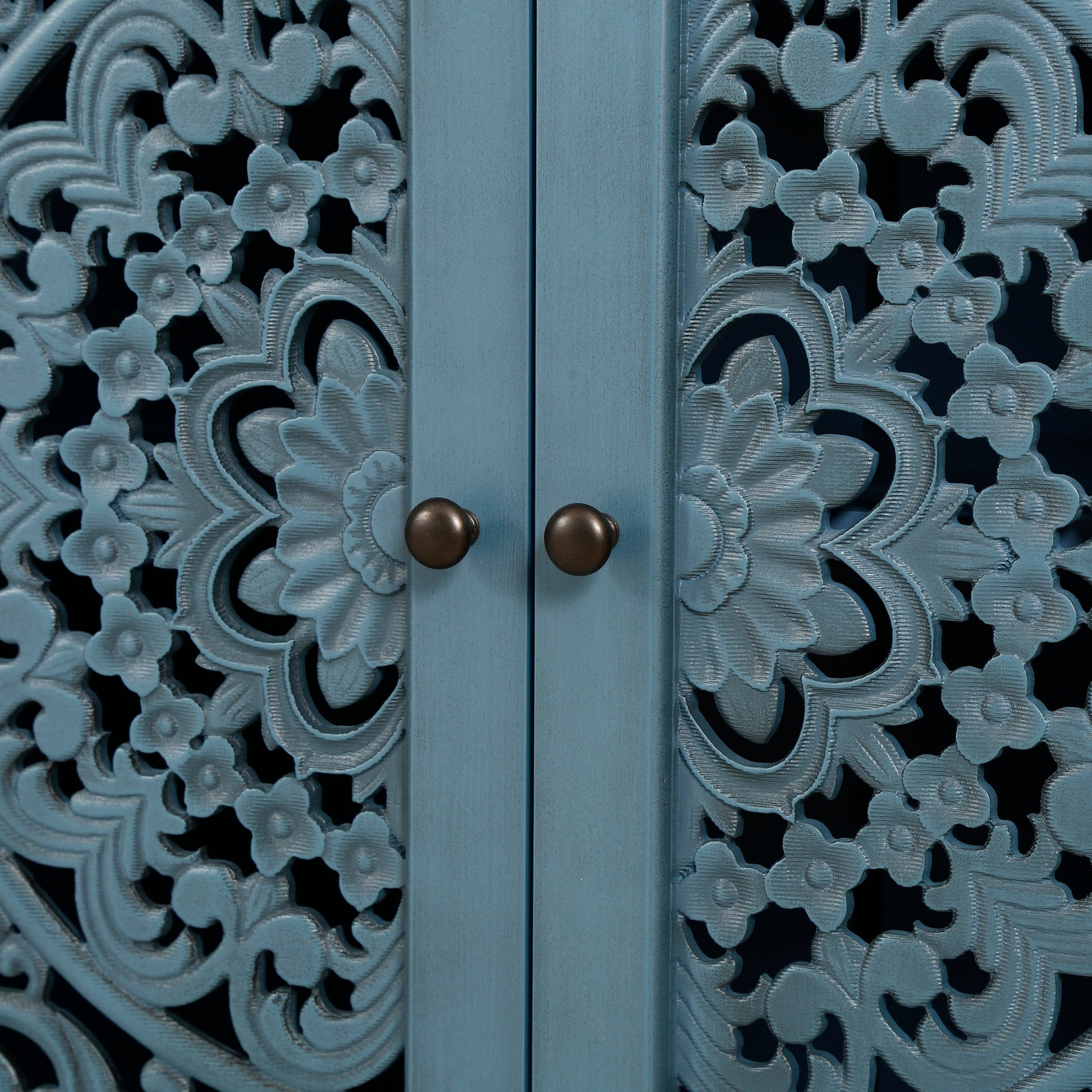 Buffet cabinet HouseOfZazla teal blue finish with floral carvings and brass knobs on Tampa Home & Garden Store