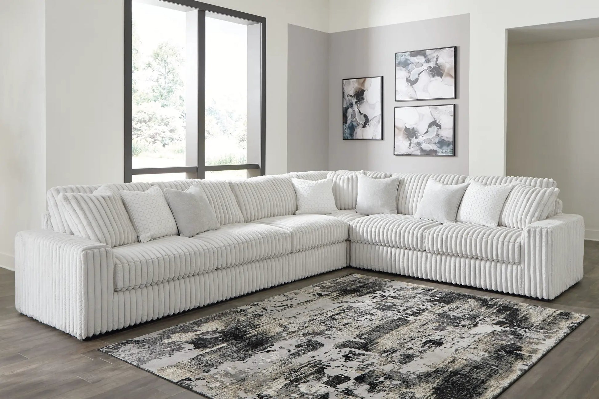 Stupendous Sectional, stationary L-shaped sofa in light gray ribbed fabric by Unique Piece Furniture on Tampa Home & Garden Store