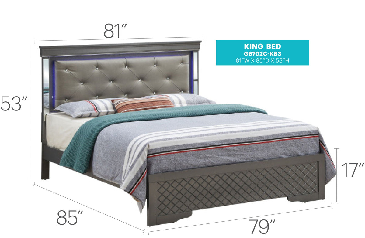 King bed with LED-lit tufted gray headboard upholstered by HouseOfZazla 81W x 85D on Tampa Home & Garden Store