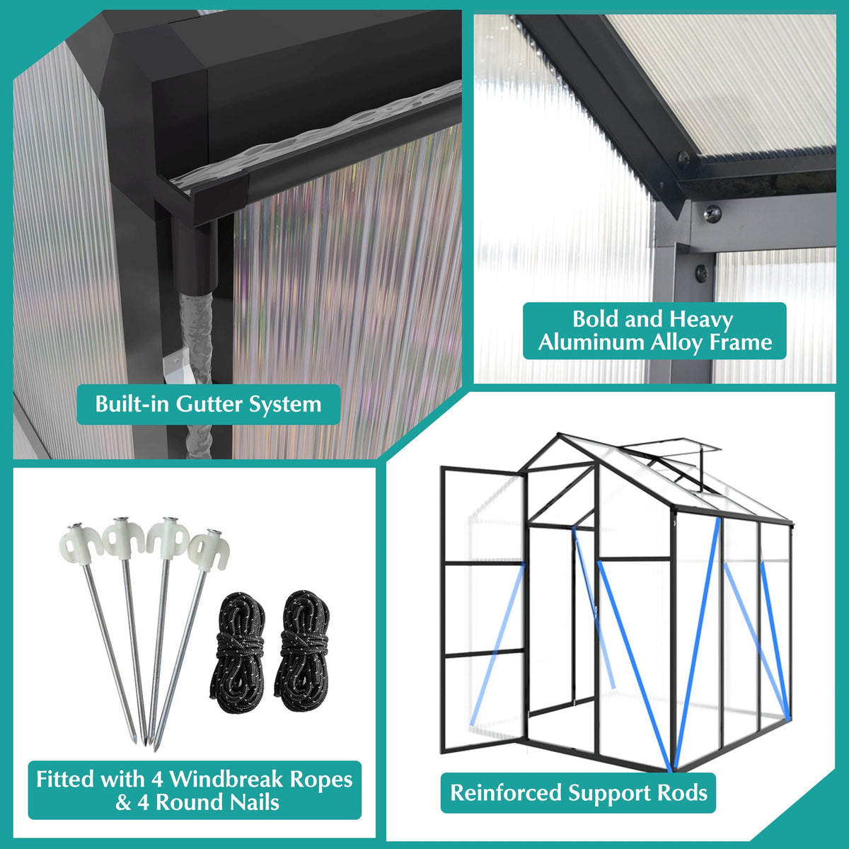 Windproof greenhouse black raised base with polycarbonate panels by HouseOfZazla; gutters & rods on Tampa Home & Garden Store
