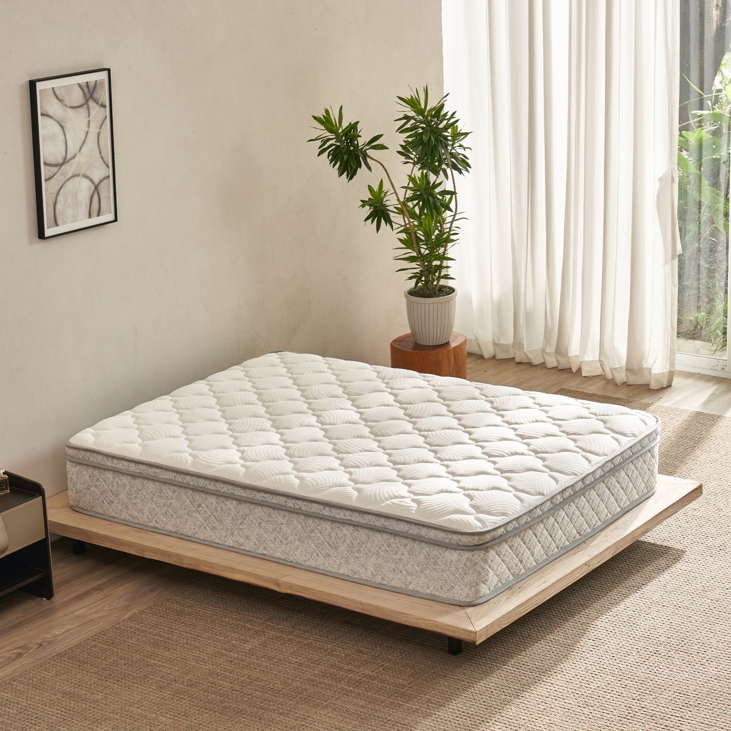 TM Home 12 Inch Hybrid Cooling Memory Foam Mattress by HouseOfZazla white quilted top on a wooden platform bed in bright room on Tampa Home & Garden Store