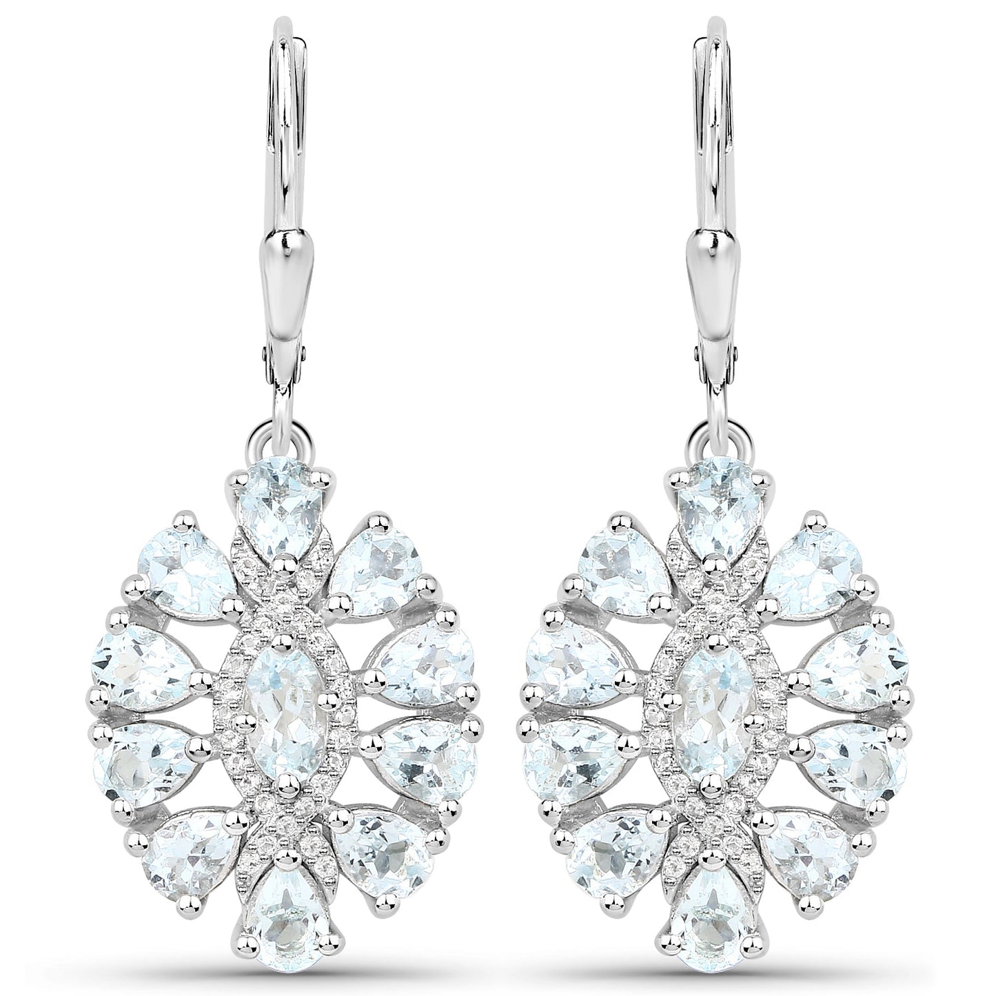 Pair of silver .925 drop earrings with a floral halo of aquamarine and white topaz stones on Tampa Home & Garden Store