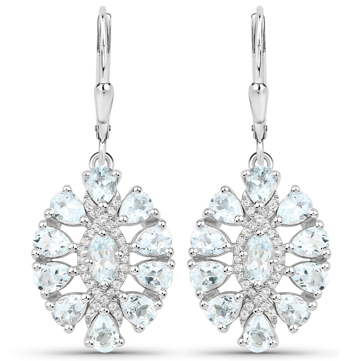Pair of silver .925 drop earrings with a floral halo of aquamarine and white topaz stones on Tampa Home & Garden Store