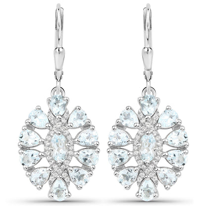 Pair of silver .925 drop earrings with a floral halo of aquamarine and white topaz stones on Tampa Home & Garden Store