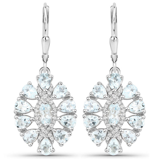 Pair of silver .925 drop earrings with a floral halo of aquamarine and white topaz stones on Tampa Home & Garden Store