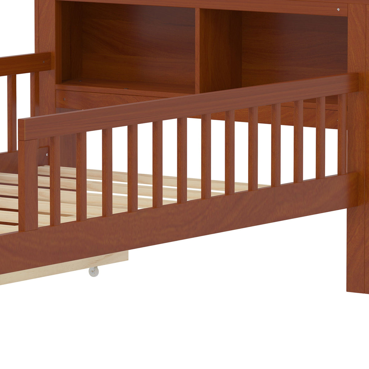 Brown wood storage bed with headboard storage rack and 2 under-bed drawers, side guard rails on Tampa Home & Garden Store