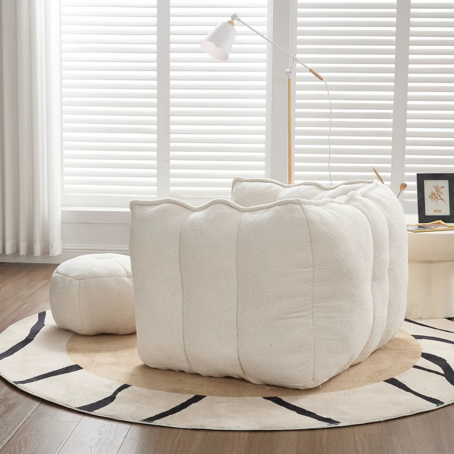 Soft 2-piece bean bag chair with high resilient foam and ottoman in cream fabric on Tampa Home & Garden Store