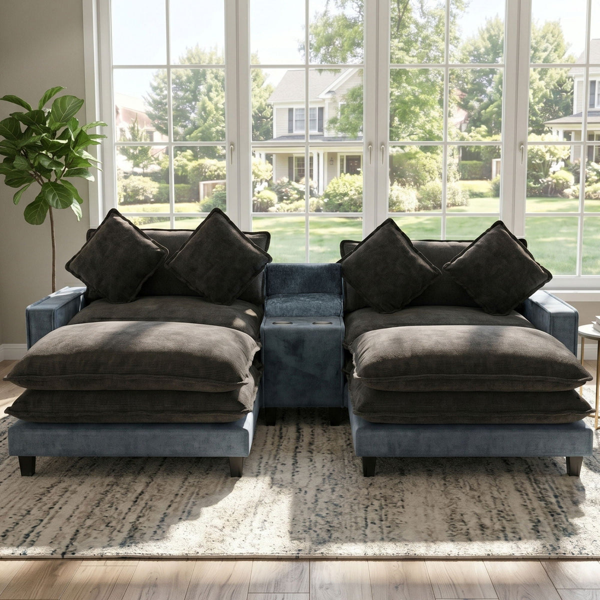 Sectional sofa with removable ottomans and cup holders in gray and light blue upholstery on Tampa Home & Garden Store