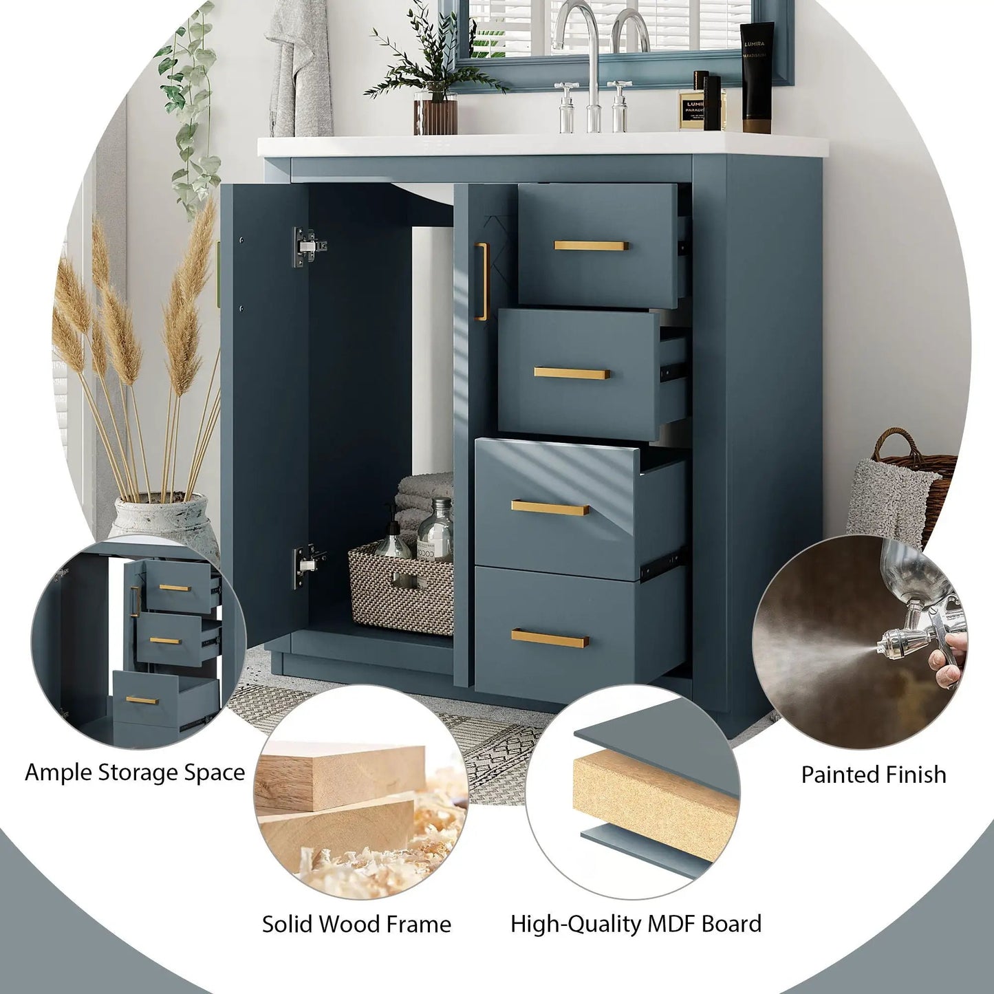 Bathroom vanity with sink blue-gray, 3 drawers, soft-close doors by Unique Piece Furniture on Tampa Home & Garden Store