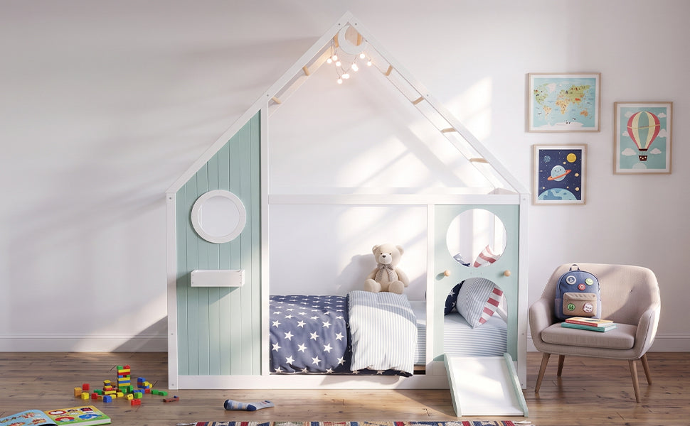 Twin House Bed with Slide, HouseOfZazla mint wooden playhouse frame, ball light strip on Tampa Home & Garden Store
