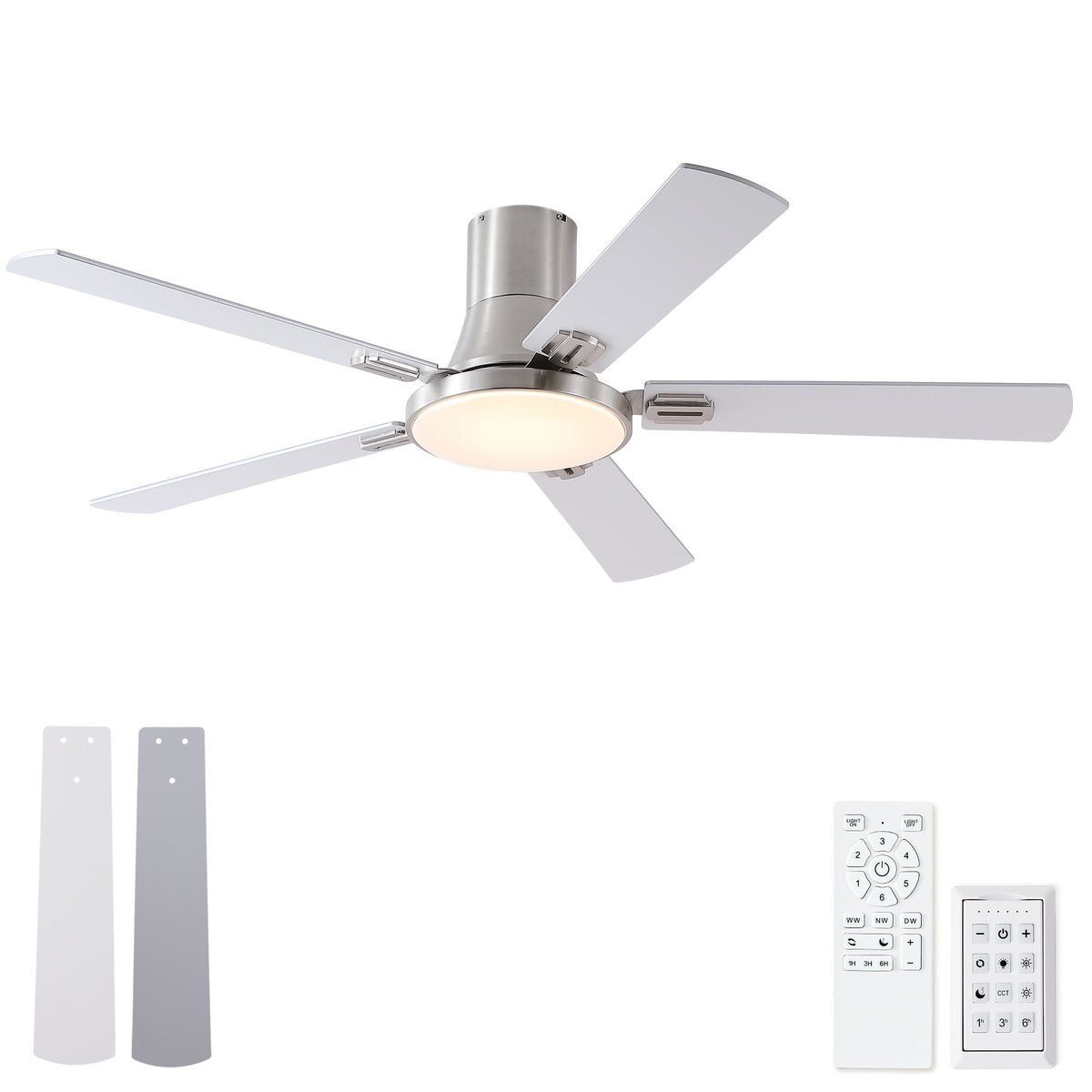 Flush mount ceiling fan with LED light and remote, Pearl Silver finish by HouseOfZazla on Tampa Home & Garden Store