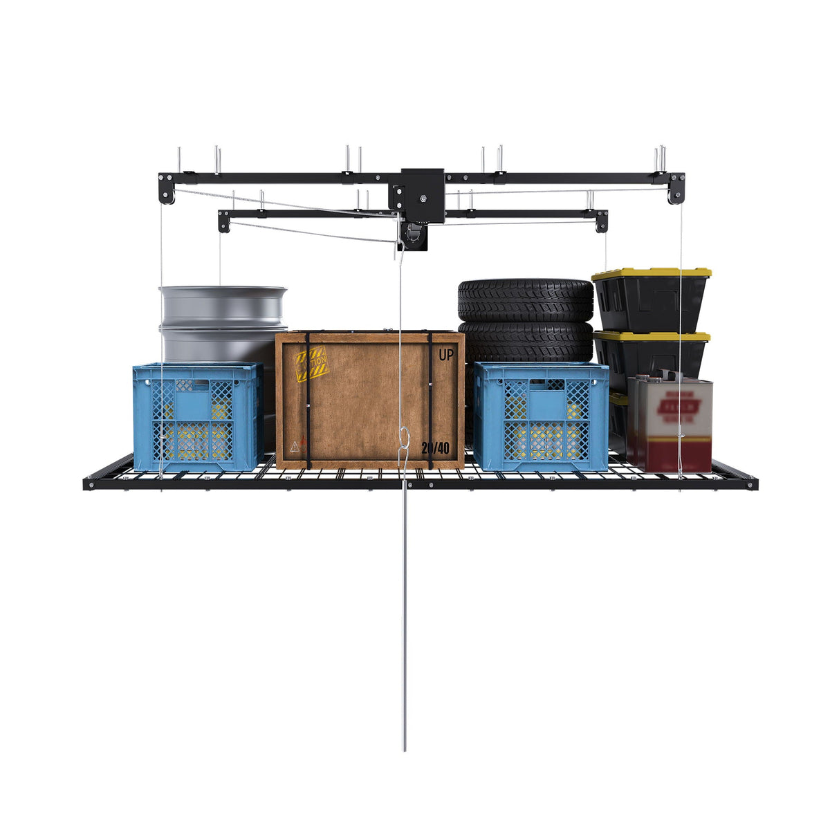 Overhead garage storage rack with crank system, black steel, HouseOfZazla wall organizer on Tampa Home & Garden Store