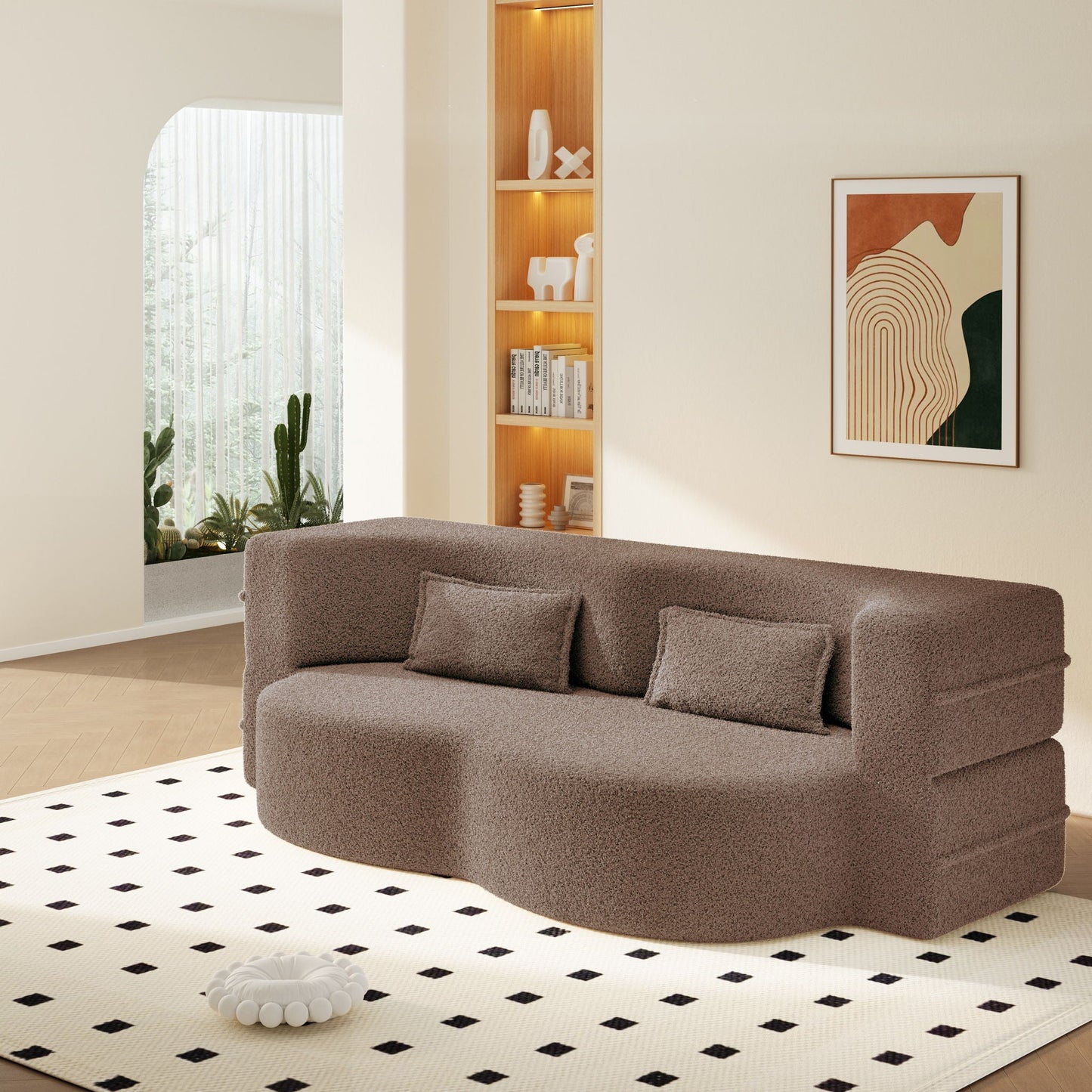 Modern Floor Sleeper Sofa Bed And Two Pillows