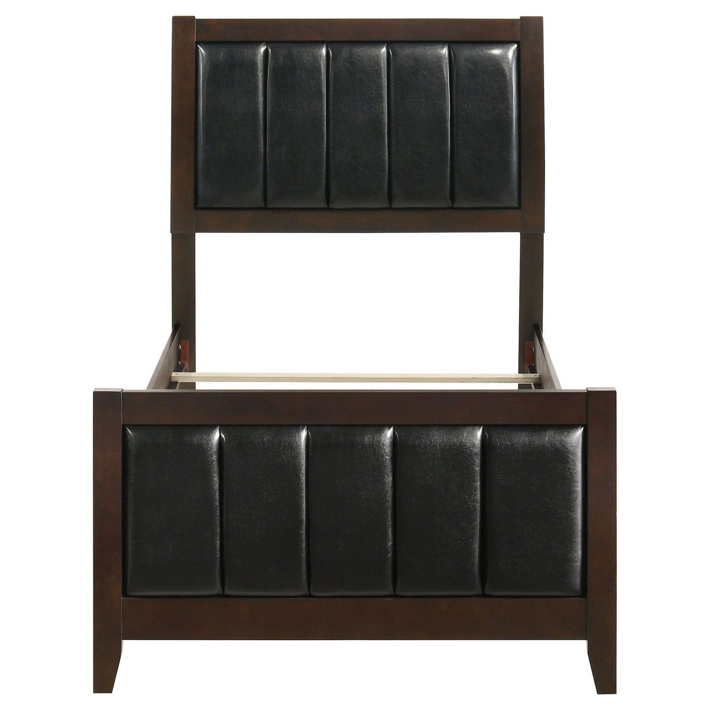 Twin panel bed headboard in brown wood with black upholstered panels and tapered legs on Tampa Home & Garden Store