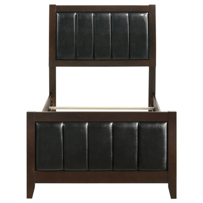 Twin panel bed headboard in brown wood with black upholstered panels and tapered legs on Tampa Home & Garden Store