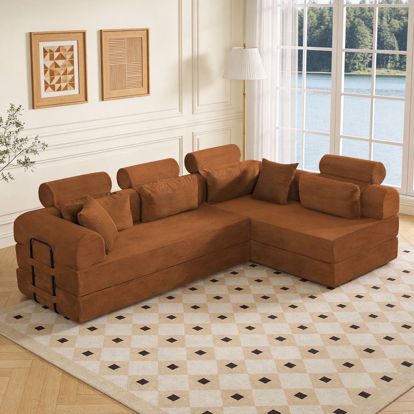 Modern L-Shape Modular Sectional Sofa by HouseOfZazla in brown corduroy with headrests on Tampa Home & Garden Store