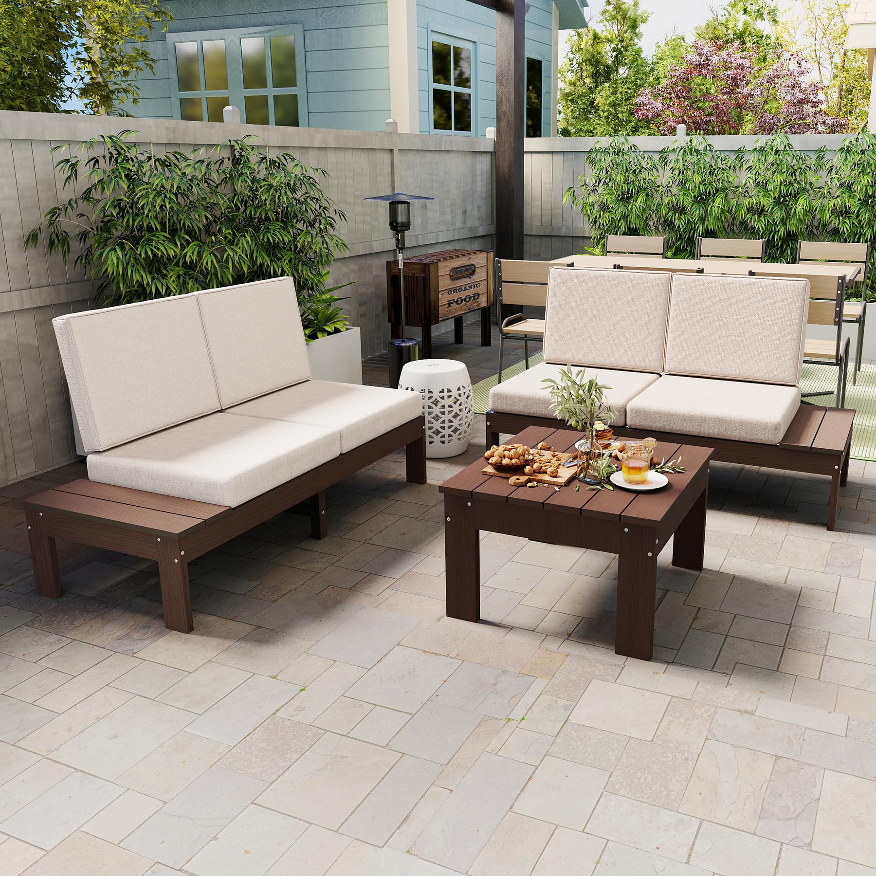 HDPE Outdoor Patio Sofa Set, 3-Piece Modern Conversation Set, beige cushions, dark brown frame on Tampa Home & Garden Store