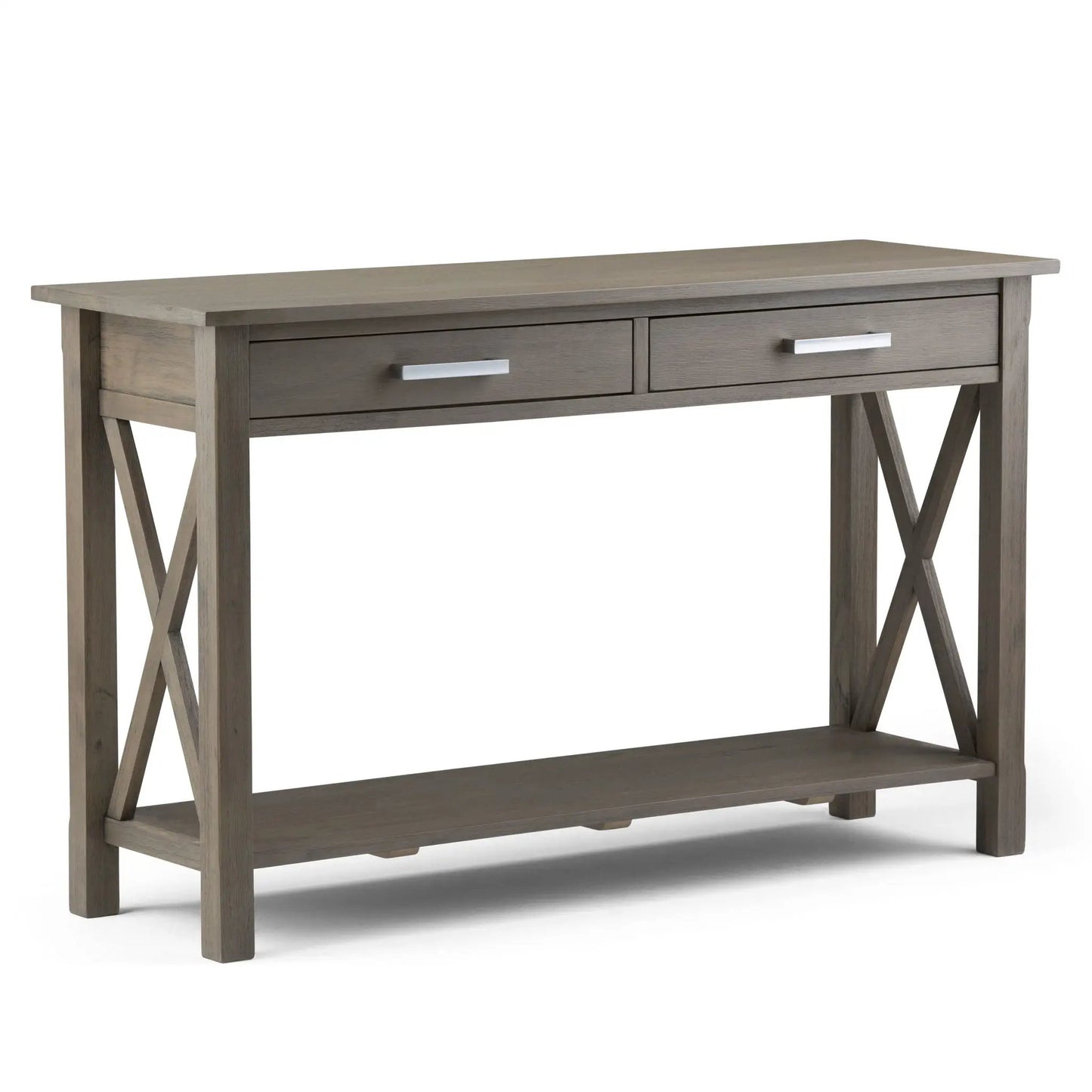 Kitchener Handcrafted Console Table weathered gray wood with two drawers and silver pulls on Tampa Home & Garden Store