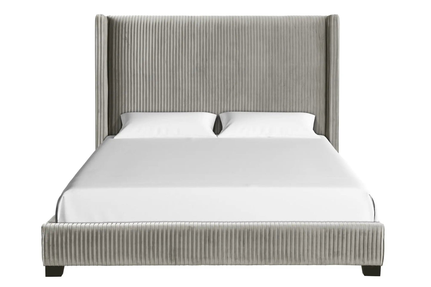 Upholstered Bed gray ribbed velvet with tall vertical-pleated headboard on Tampa Home & Garden Store