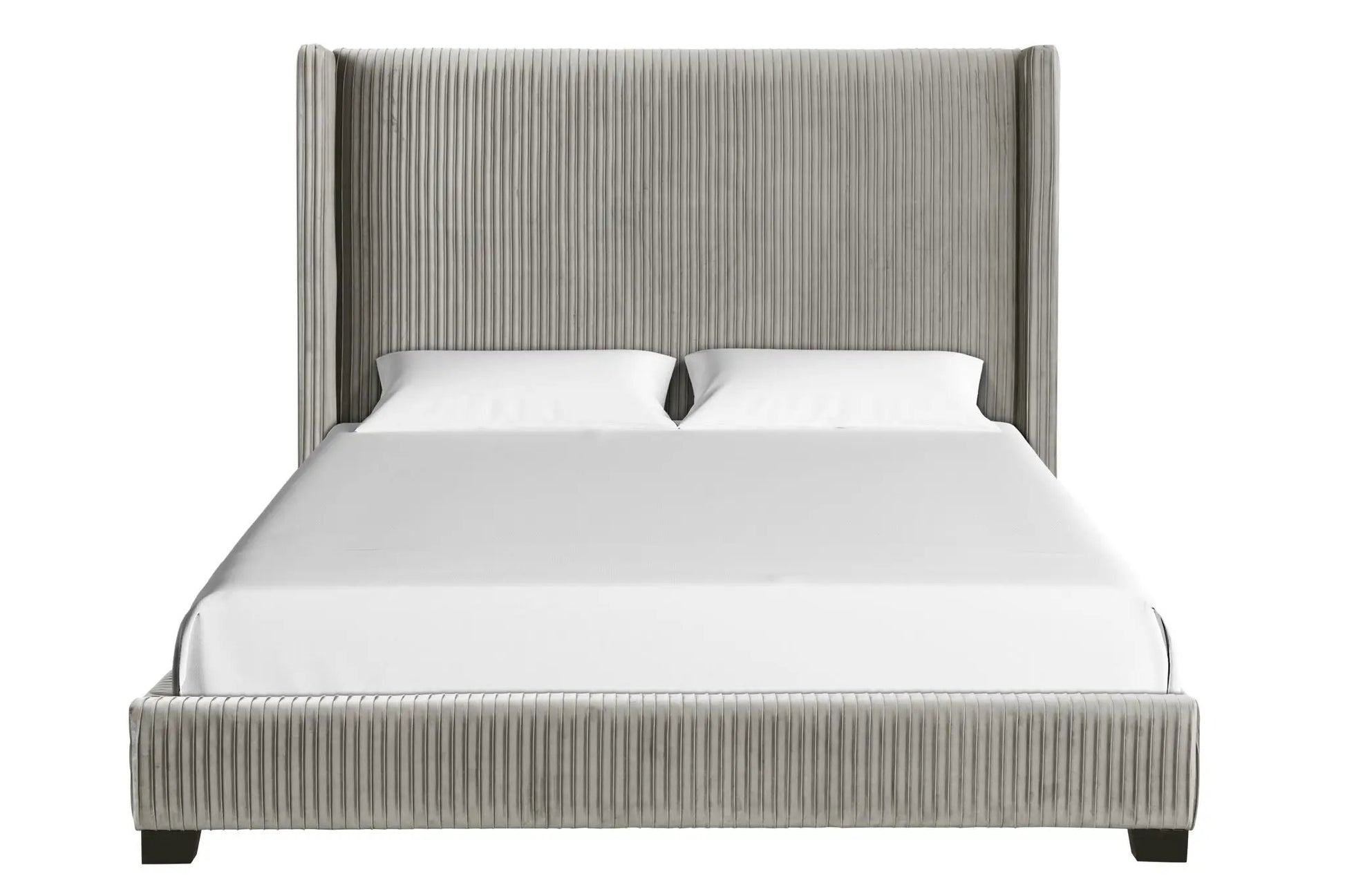 Upholstered Bed gray ribbed velvet with tall vertical-pleated headboard on Tampa Home & Garden Store